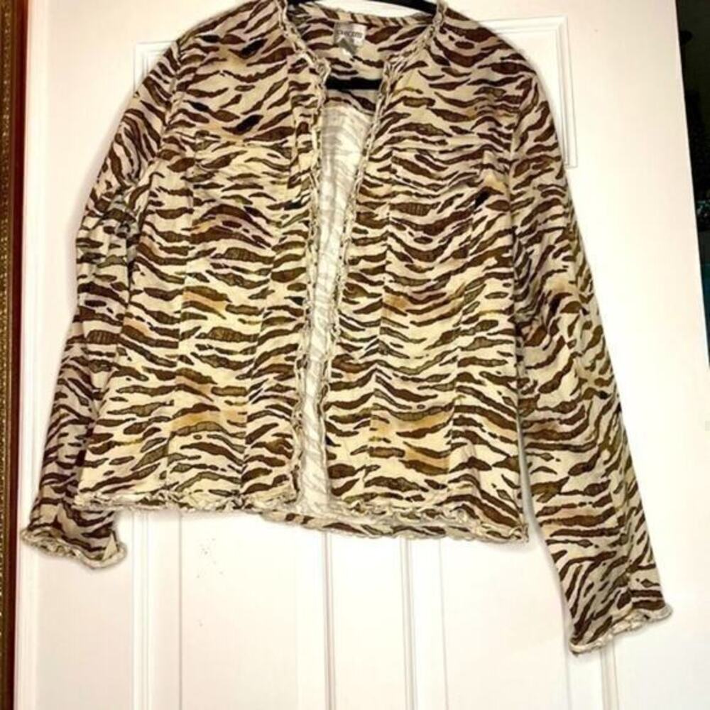 Chico’s Brown & Tan Animal Print Jacket with Ruffle Detail Size 1 Medium